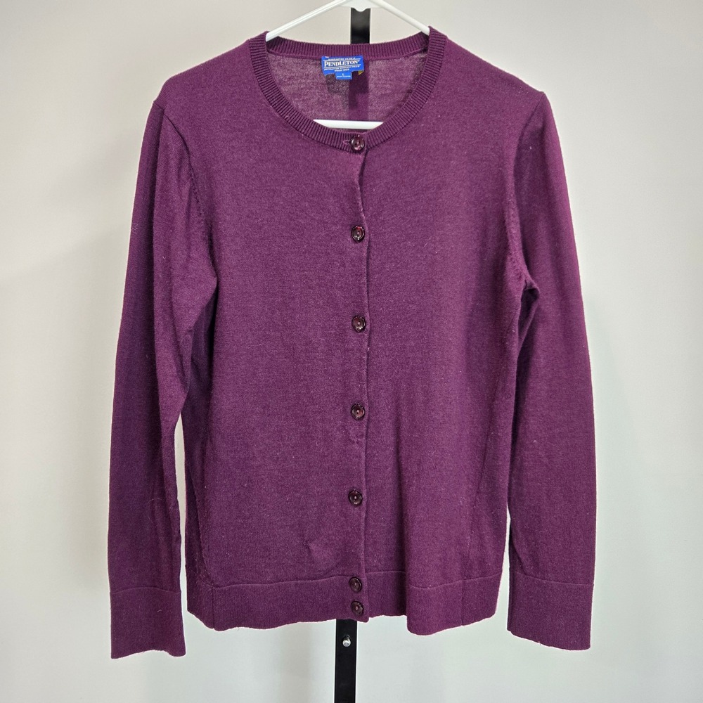 Pendleton Womens Merino Wool Cardigan Sweater Purple Button Front L Preppy Flaw